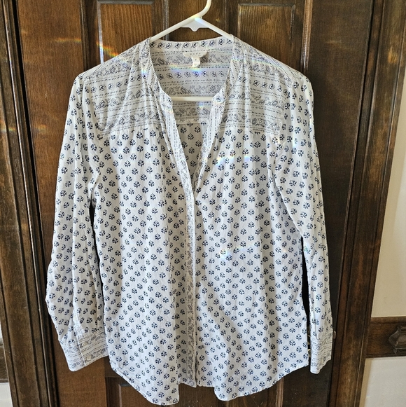 Soft Joie Tops - Soft Joie Cotton Cream Blouse with Navy Floral Block Print